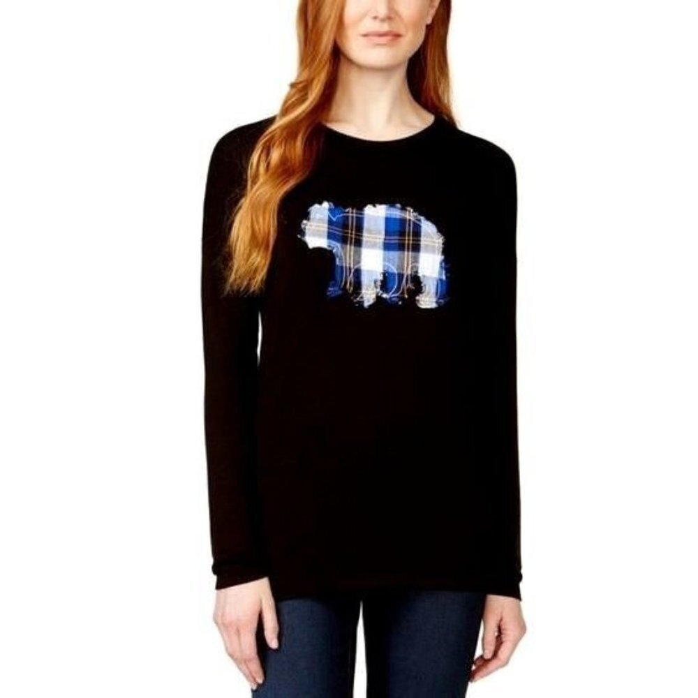 G.H. Bass Womens Plaid Bear Applique Long Sleeve Top Relaxed Fit Casual Small